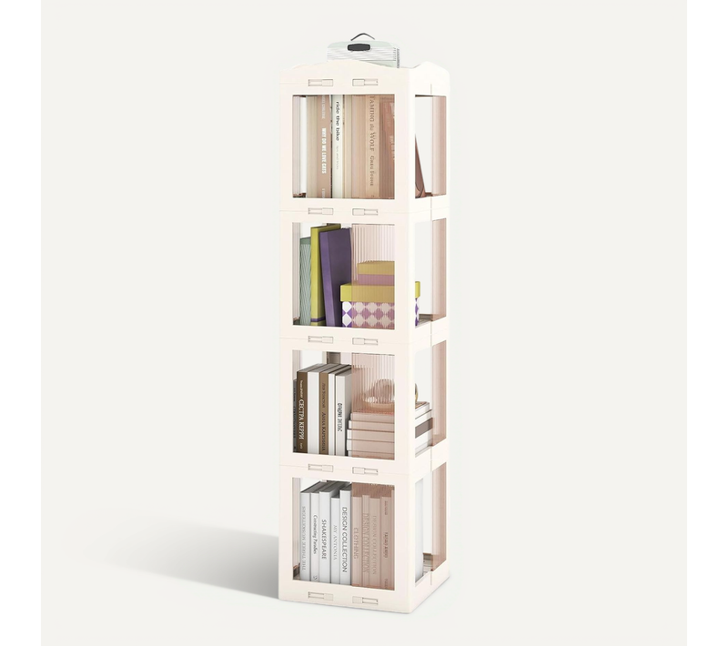 Bibliothèque Pliante Rotative, Étagère Tournante à 360°, Bibliothèque à 4 Niveaux, Blanc