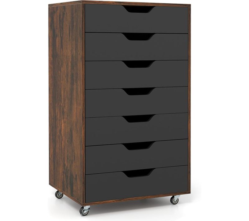 Caisson De Bureau à Roulettes, Meuble Rangement Bureau 7 Tiroirs, 48x40x87cm，marron Rustique