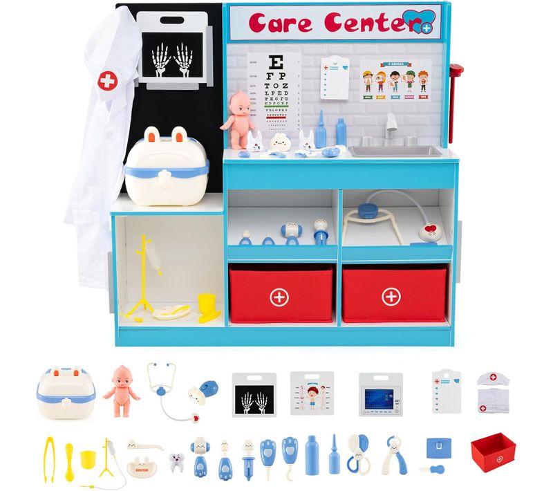 Centre Médical Enfant En Bois Avec Film Radiographique,cabinet Jouet Avec 29 Accessoires,bleu