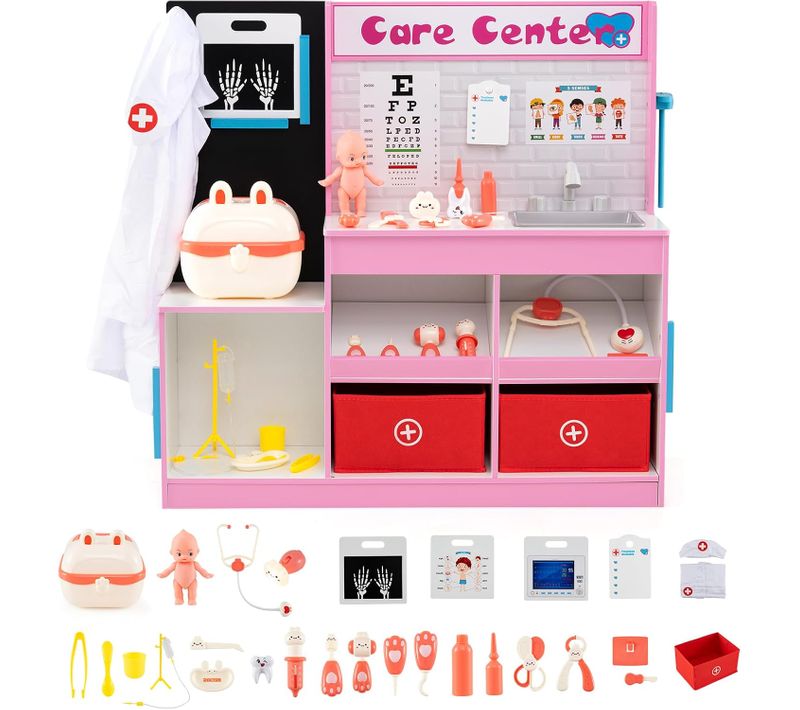 Centre Médical Enfant En Bois Avec Film Radiographique,cabinet Jouet Avec 29 Accessoires(rose)