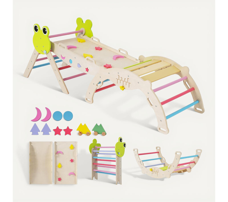 7 En 1 Triangle D'escalade Enfant Pliable Sur Thème Grenouille Avec Rampe et Échelle, Multicolore