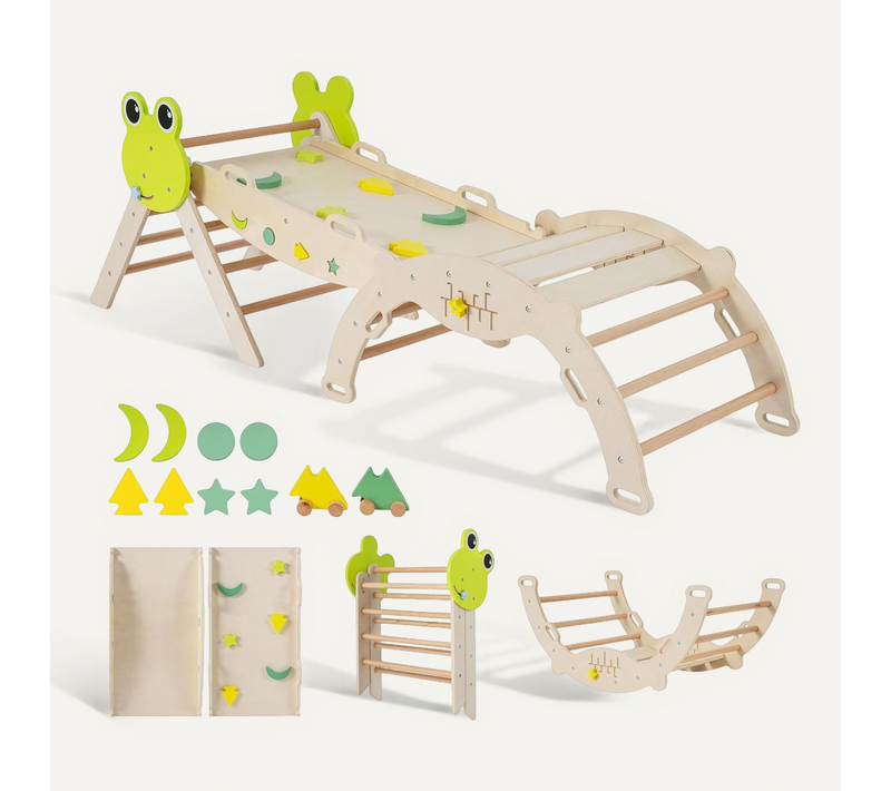 7 En 1 Triangle D'escalade Enfant Pliable Sur Thème Grenouille Avec Rampe et Échelle, Naturel