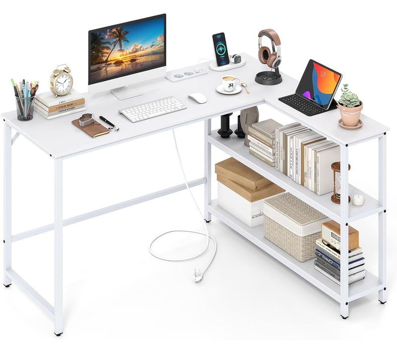 Bureau Angle En L, Table D’ordinateur Avec Station De Charge, Étagères De Rangement Ouvertes,blanc