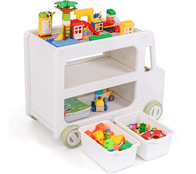 2 En 1 Meuble De Rangement Jouet Enfant En Forme Voiture Avec Panneau De Construction Et 2 Paniers