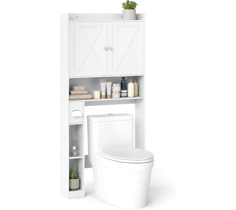 Meuble Toilette Étagère Wc, Double Porte, Étagère Réglable, Porte-papier Toilette (blanc)