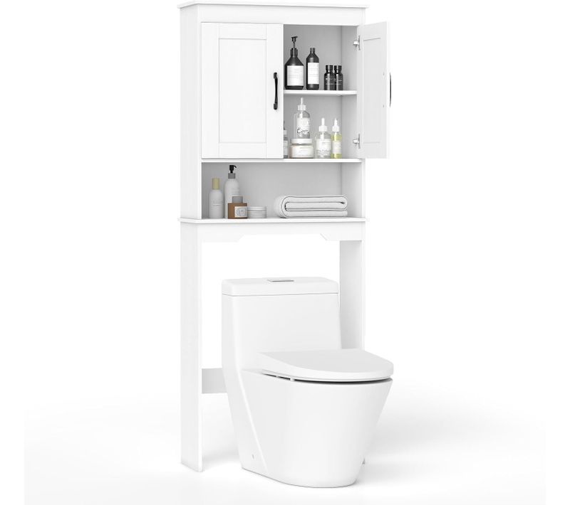 Meuble Toilette Étagère Wc,168 Cm De Hauteur,2 Portes,compartiments Ouverts,étagère Réglable,blanc