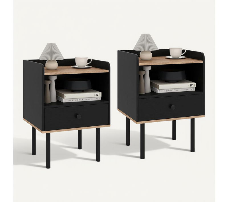 Table De Chevet Lot De 2,table De Nuit Avec Tiroir,étagère De Rangement Ouverte,pieds En Métal,noir