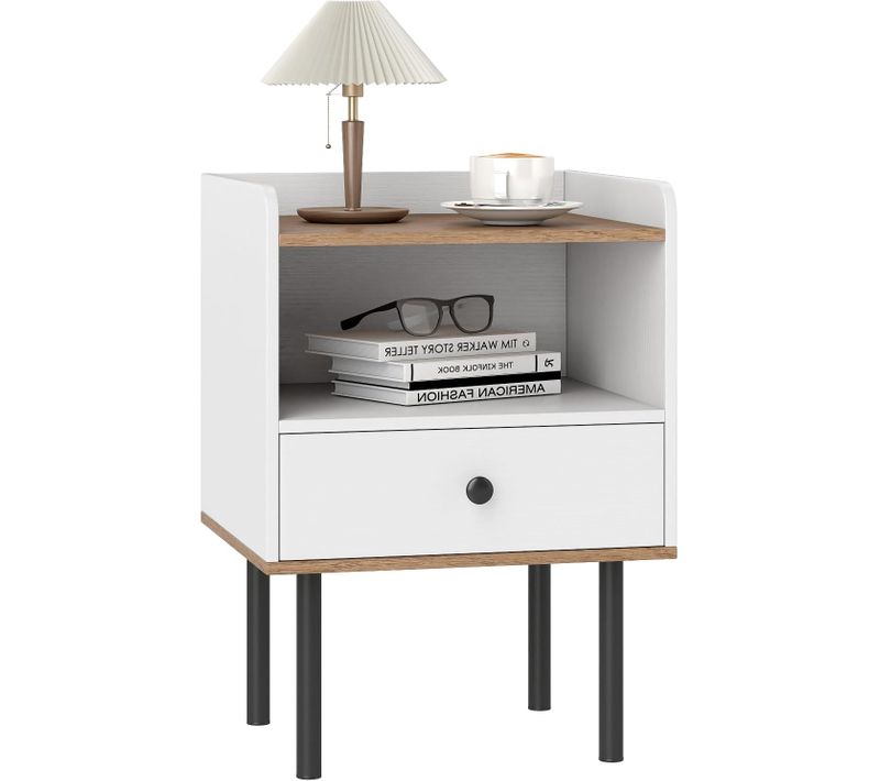 Table De Chevet, Table De Nuit Avec Tiroir, Étagère De Rangement Ouverte, Pieds En Métal,blanc