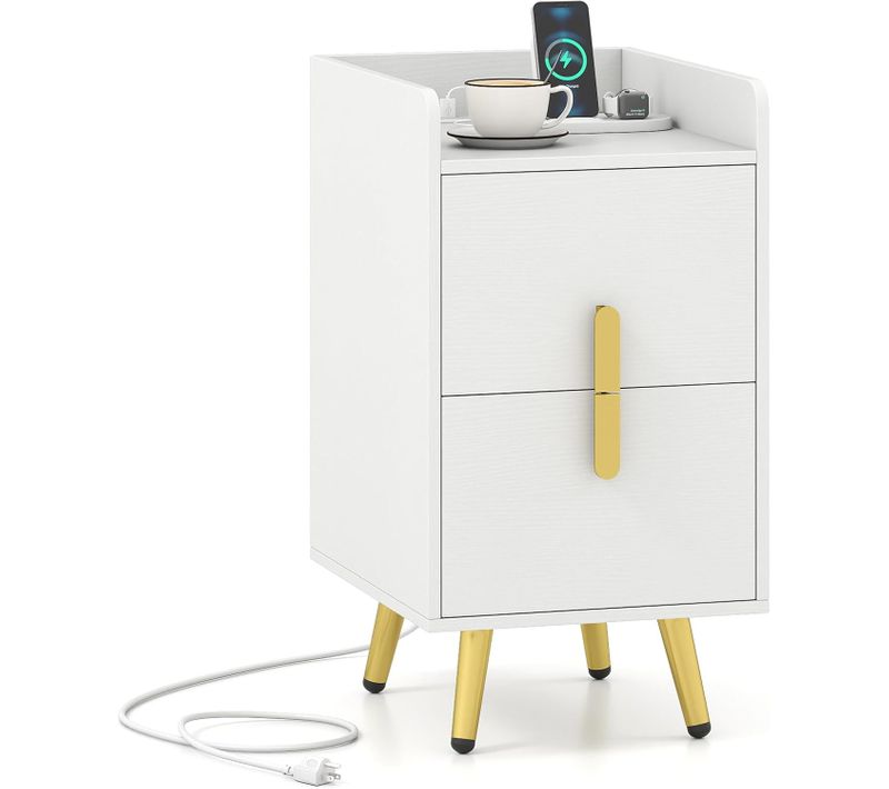 Table De Chevet Avec Prise,table De Nuit 2 Tiroirs Coulissants,2 Ports USB Et 3 Prises(blanc Crème)