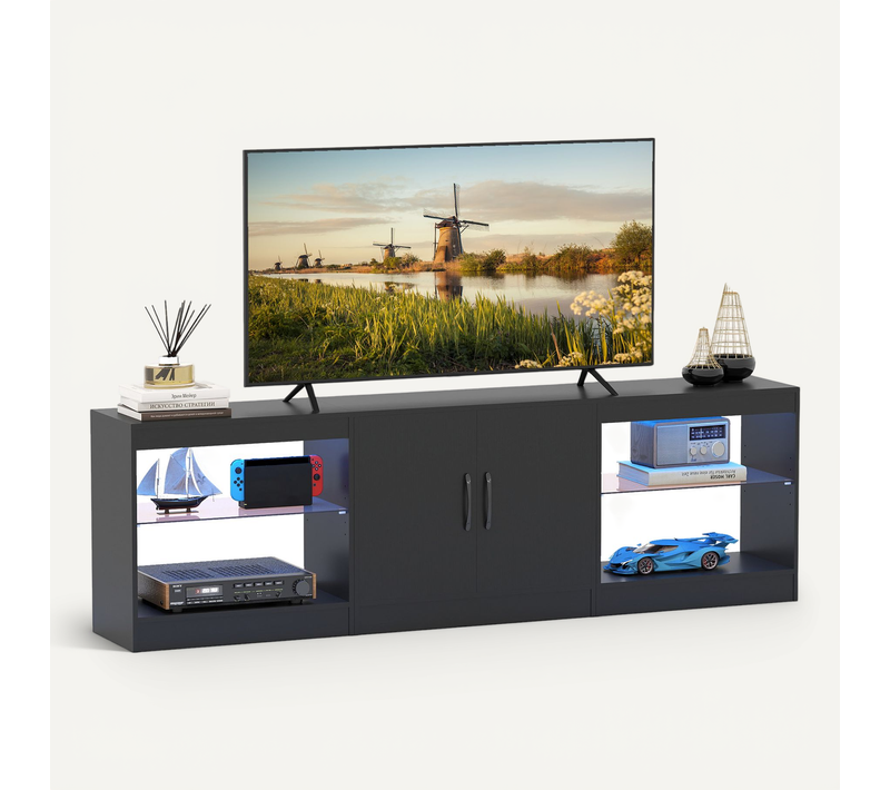 Meuble TV LED Pour Télé 85", Meuble Télé Modulaire En 3 Pièces, Étagères En Verre Réglables (noir)