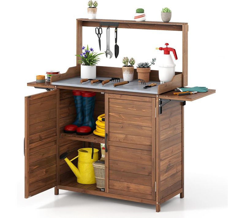 Armoire Jardin En Bois, table De rempotage Avec Plateau Métallique Étagères Latérales, marron