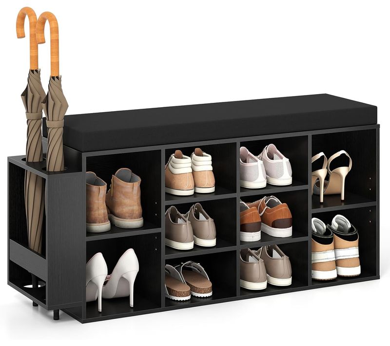 Banc Chaussures Entrée Avec Porte-parapluie,banc De Rangement Avec Coussin, 10 Compartiments(noir)