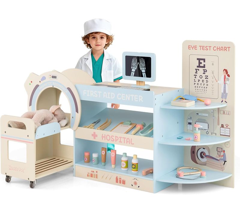 Centre Médical Enfant En Bois Avec Machine Ct Mobile,cabinet Médical Jouet Pour 3+ Ans (bleu)