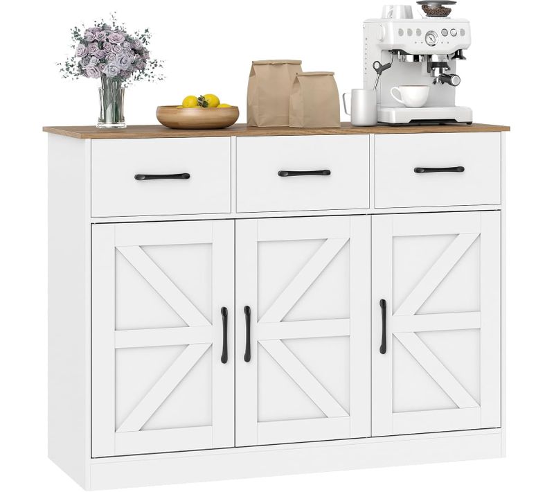 Buffet Salle à Manger,meuble De Cuisine Bas,3 Tiroirs,3 Portes,étagères Réglables(blanc)