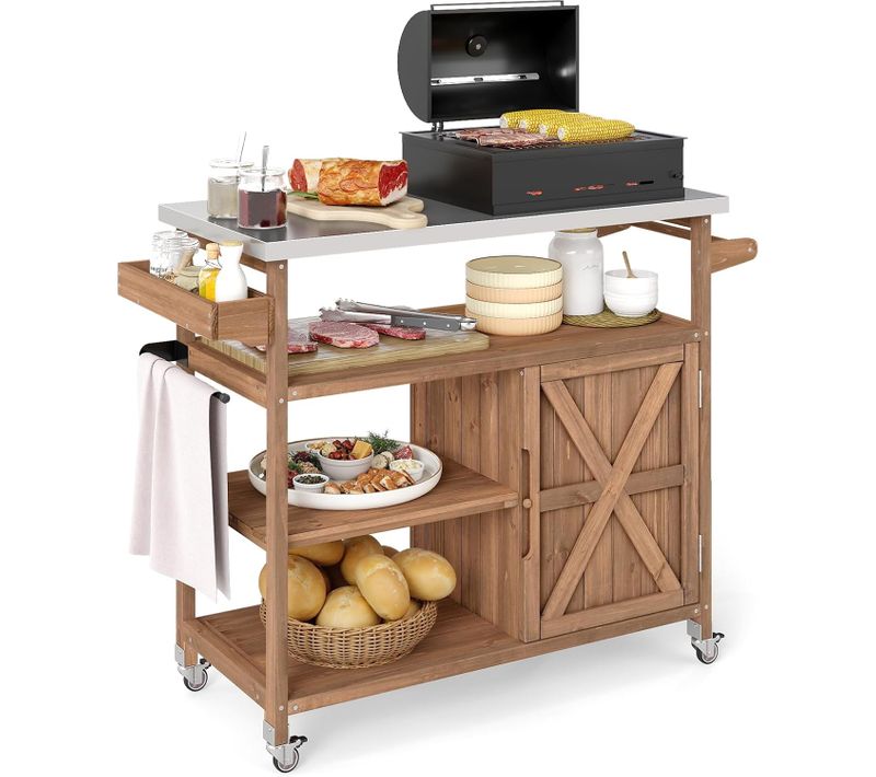 Chariot D'extérieur En Bois Avec Rangement, Meuble De Préparation Bbq Avec Plateau 3 Étagères