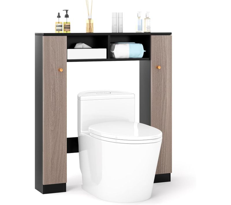 Meuble Wc Au-dessus De Toilettes,meuble De Rangement Avec 2 Compartiments Ouverts(gris+noir)