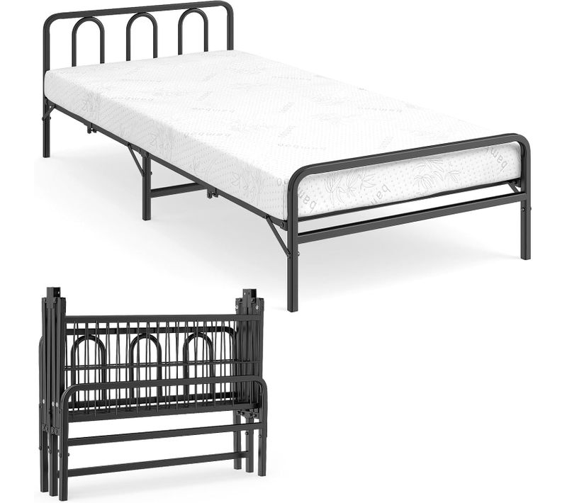 Cadre De Lit Pliant Avec Matelas 90 X 200 Cm, Lit Pliable Portable Avec Tête Et Pied De Lit,noir