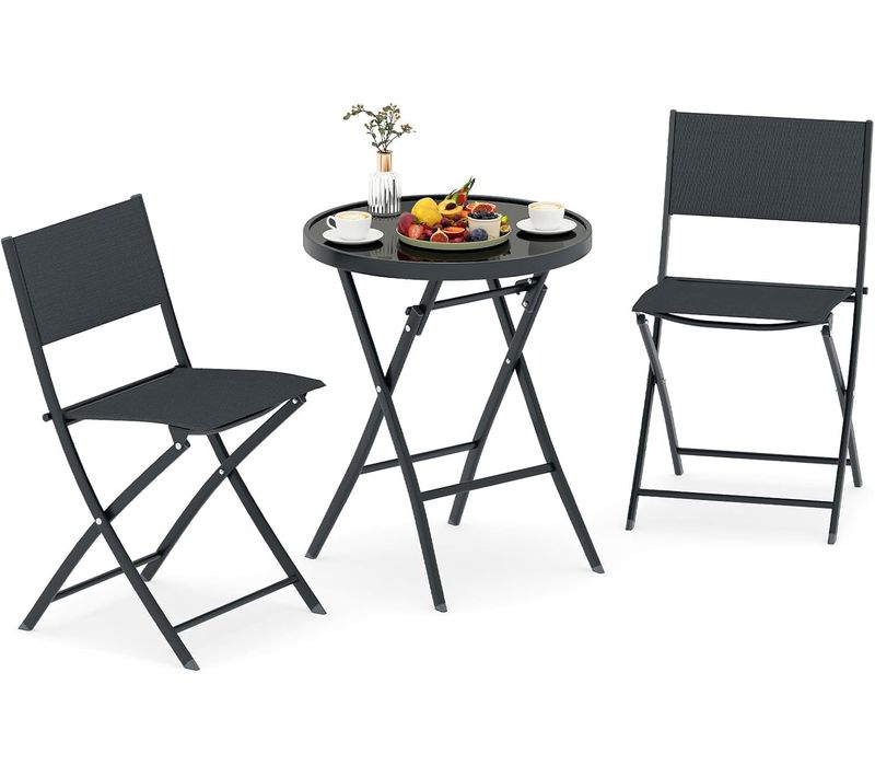 Ensemble Bistro Pliant 3 Pièces,salon De Jardin Avec Siège En Tissu Respirant Et Plateau En Verre