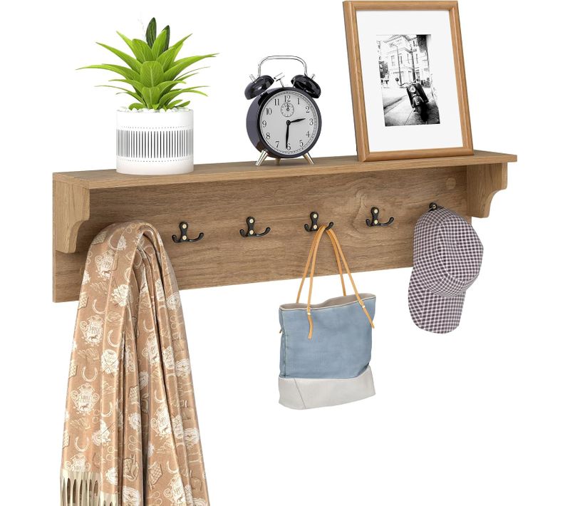Porte-manteau Mural 80 Cm Avec Étagère, Patere Murale Bois,6 Crochets,naturel