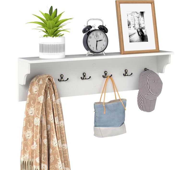 Porte-manteau Mural 80 Cm Avec Étagère, Patere Murale Bois,6 Crochets,blanc