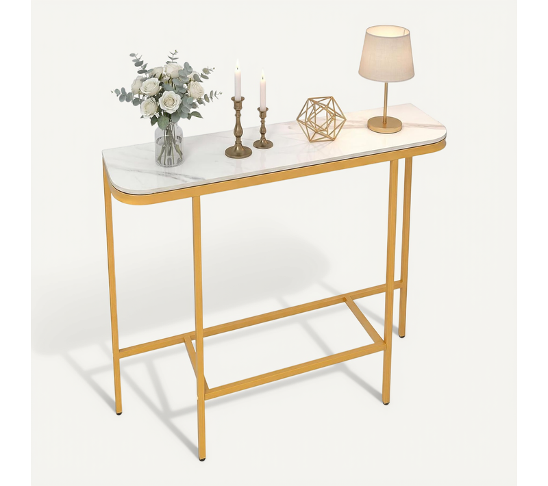 Table D'entrée, Table Console En Verre Trempé, Plateau Marbre Synthétique, Cadre Métallique(blanc)