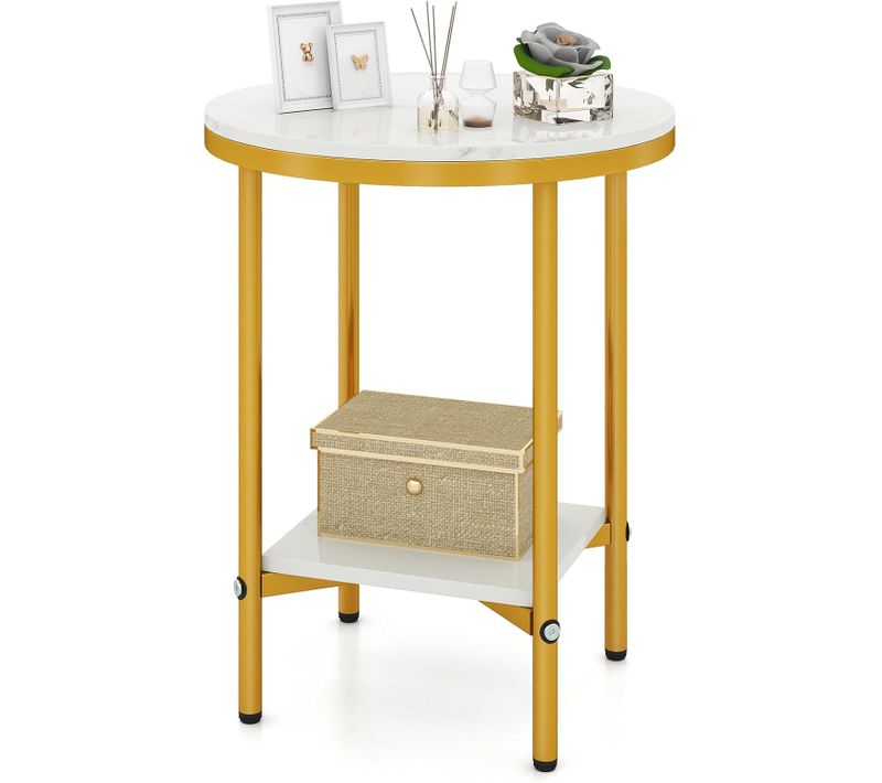 Table D'appoint Ronde En Faux Marbre,bout De Canapé à 2 Niveaux,40,5x40,5cm,cadre Métallique Doré