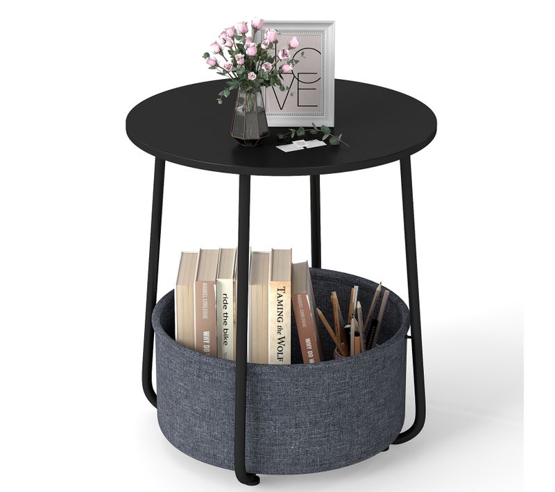 Petite Table Basse Ronde Avec Panier En Tissu, Table D'appoint Avec Rangement, Cadre En Métal(noir)