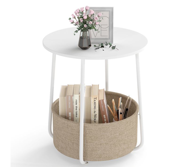 Petite Table Basse Ronde Avec Panier En Tissu, Table D'appoint Avec Rangement,cadre En Métal(blanc)