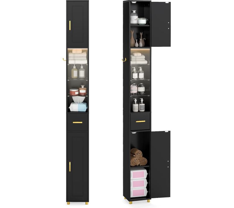 Meuble Colonne Salle De Bain Avec LED, Meuble De Rangement Haut Avec 3 Étagères (noir)