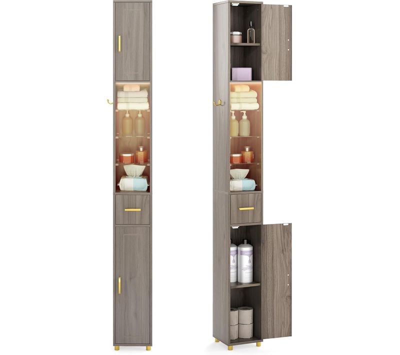 Meuble Colonne Salle De Bain Avec LED, Meuble De Rangement Haut Avec 3 Étagères (gris)