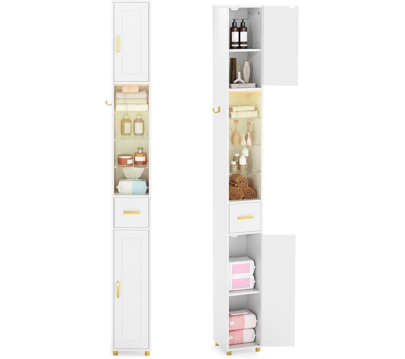 Meuble Colonne Salle De Bain Avec LED, Meuble De Rangement Haut Avec 3 Étagères (blanc)