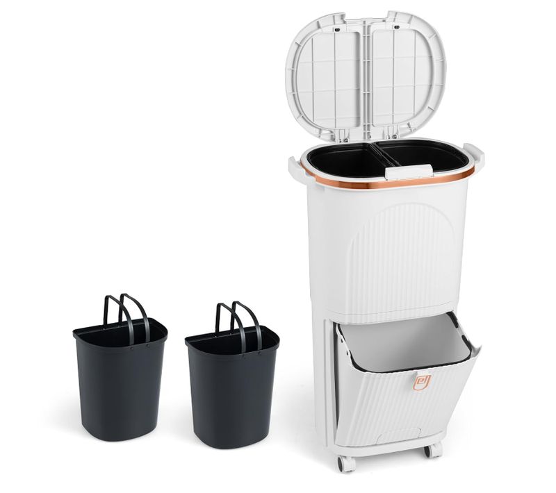 Poubelle Cuisine Double Compartiments En Plastique 38l,tri Selectif à Roulettes,2 Couvercles(blanc)