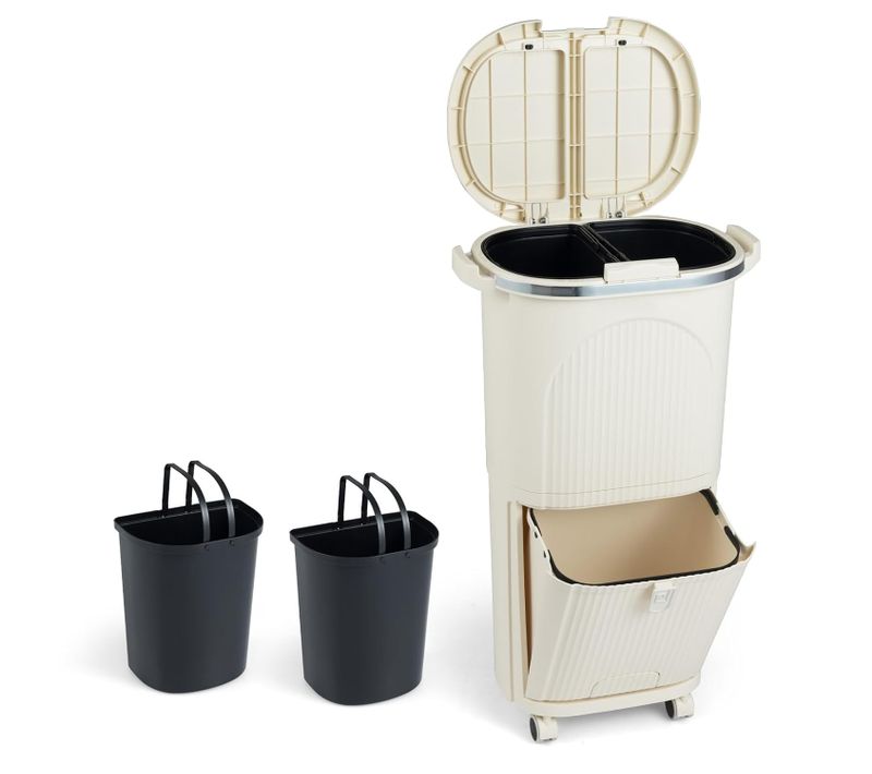 Poubelle Cuisine Double Compartiments En Plastique 38l,tri Selectif à Roulettes,2 Couvercles(beige)