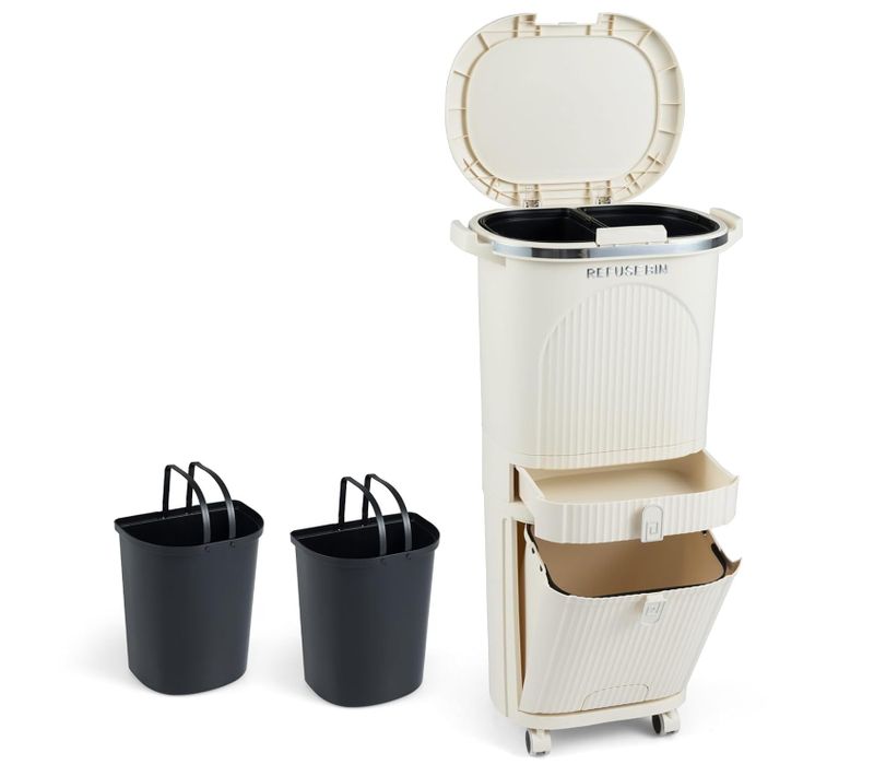 Poubelle Cuisine Double Compartiments En Plastique 42l,tri Selectif à Roulettes Avec Tiroir(beige)