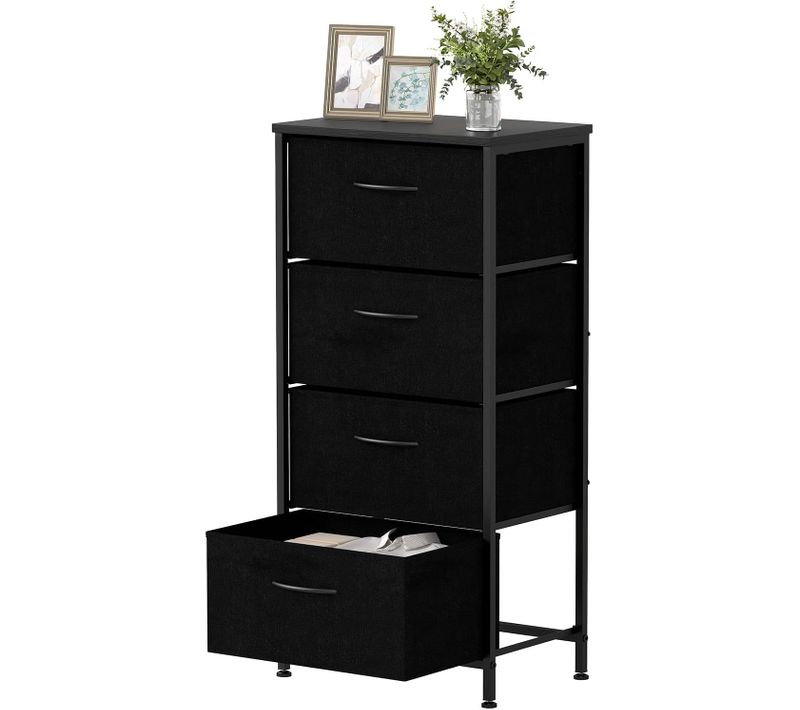 Commode 4 Tiroirs, Commode Chambre Etroite En Tissu, Dessus En Bois, Cadre Métallique Robuste(noir)