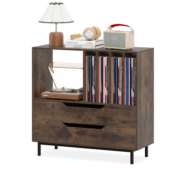Meuble Vinyle Avec 2 Tiroirs, Rangement Platine Vinyle 5 Compartiments (marron Rustique)
