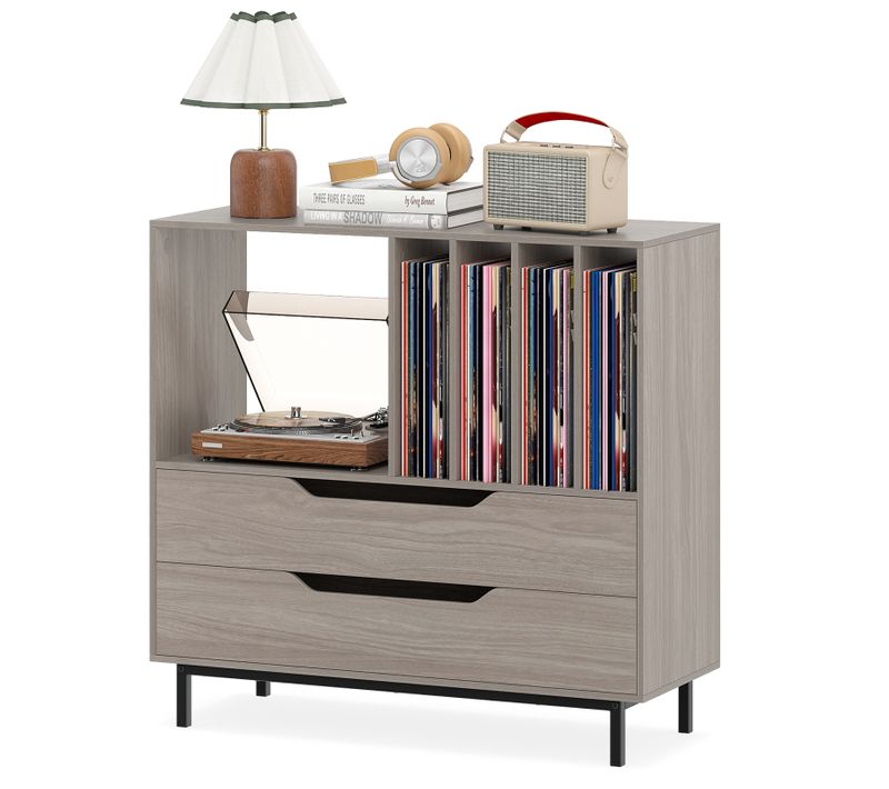 Meuble Vinyle Avec 2 Tiroirs, Rangement Platine Vinyle 5 Compartiments (gris Chêne)