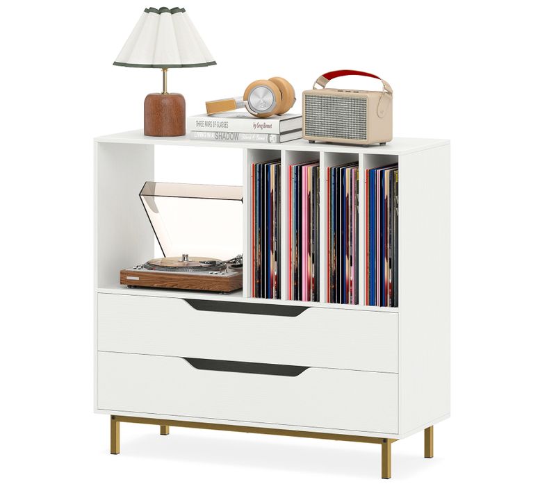 Meuble Vinyle Avec 2 Tiroirs, Rangement Platine Vinyle 5 Compartiments (blanc)