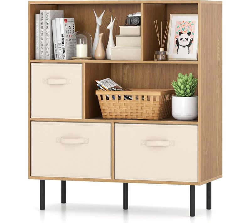 Bibliothèque 6 Cubes, Étagère 3 Niveaux, 3 Tiroirs Pliables Amovibles En Tissu (naturel)