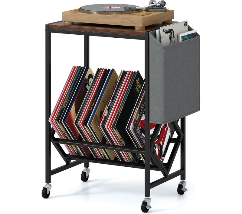 Meuble Platine Vinyle à Roulette,petit Support Pour Tourne-disques Avec Poche(marron Rustique)