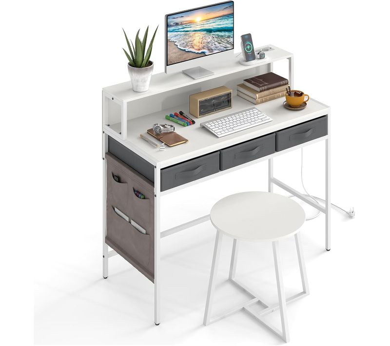 Bureau D'ordinateur Avec Étagère Et Tabouret,3 Tiroirs De Rangement Et Poche Latérale,blanc