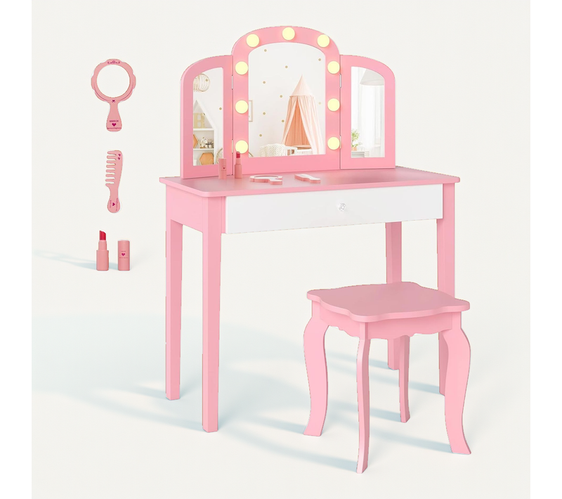 Coiffeuse Enfant Avec Chaise Et Miroir Lumineux, Bureau Enfant Avec Tiroir (rose)