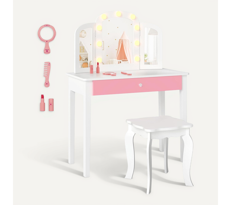 Coiffeuse Enfant Avec Chaise Et Miroir Lumineux, Bureau Enfant Avec Tiroir (blanc)