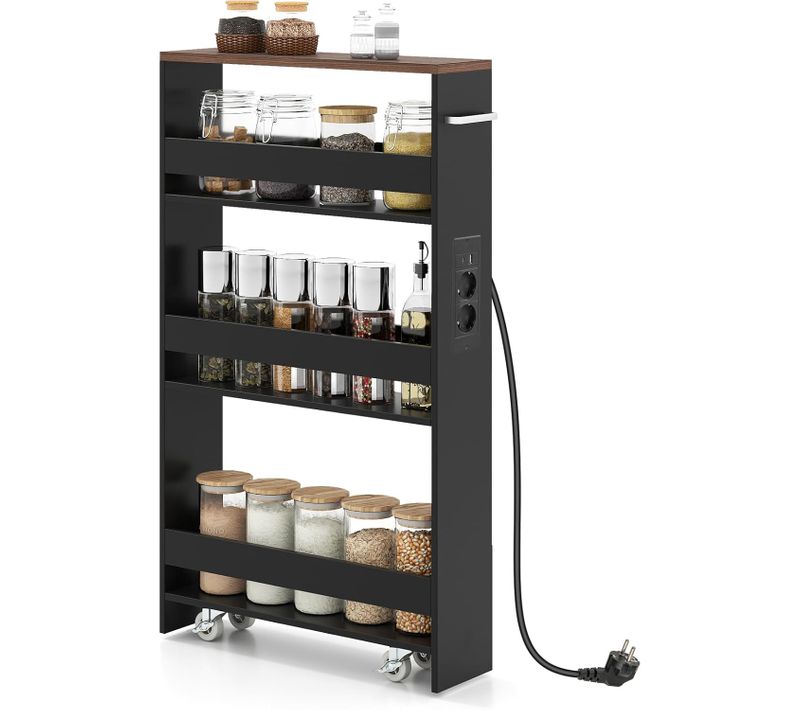Chariot De Rangement Roulant 13 Cm, Mltiprise Avec Ports USB, Desserte De Cuisine (noir + Brun)
