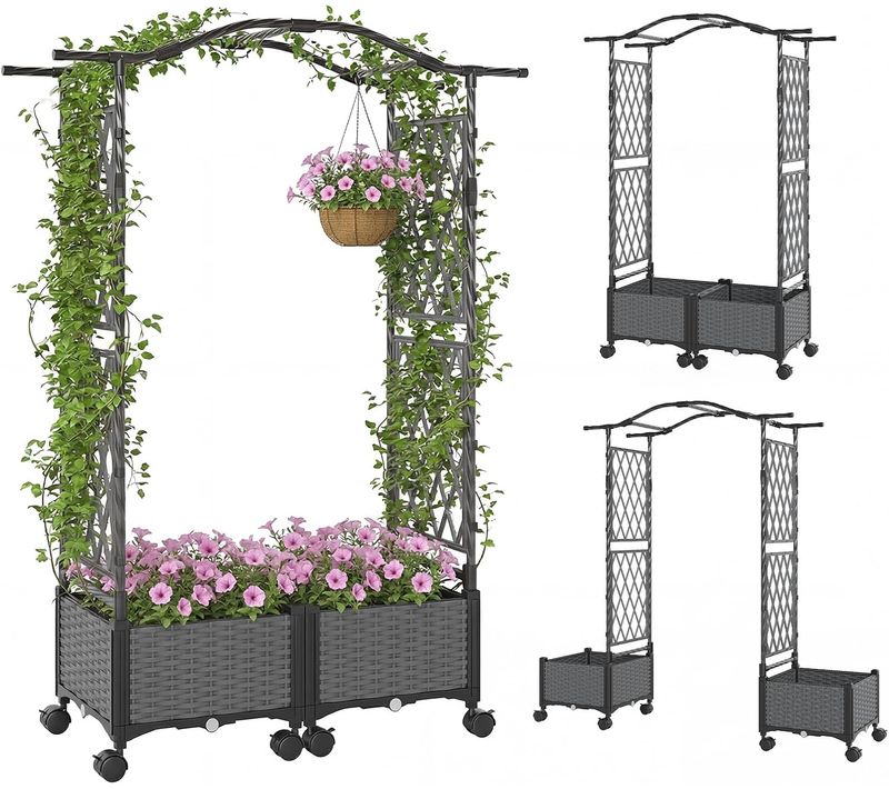 Jardinière Avec 2 Treillis Latéraux Toit Suspendu, Lit De Jardin Surélevé (gris)