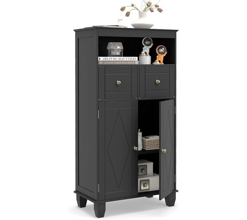 Meuble Salle De Bain,meuble De Rangement Avec 2 Tiroirs Et Placard à 2 Portes,étagère Réglable,noir