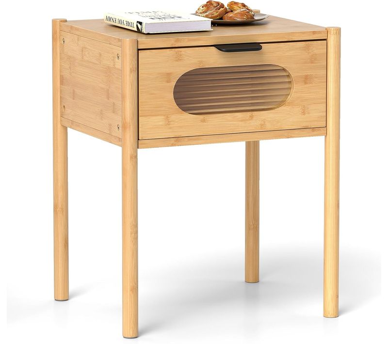 Table De Chevet En Bambou, Table De Niut Avec Tiroir Décoré En Verre Trempé,naturel