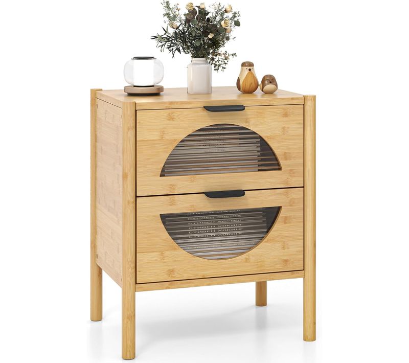 Table De Chevet Bambou Avec 2 Tiroirs,chevet De Lit Boho,tiroir En Verre Trempé,naturel(2 Tiroirs)