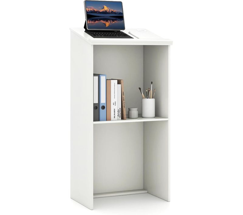 Podium Debout En Bois, Pupitre 117 Cm, Surface Inclinée Avec Rebord, Lutrin Avec Étagère(blanc)