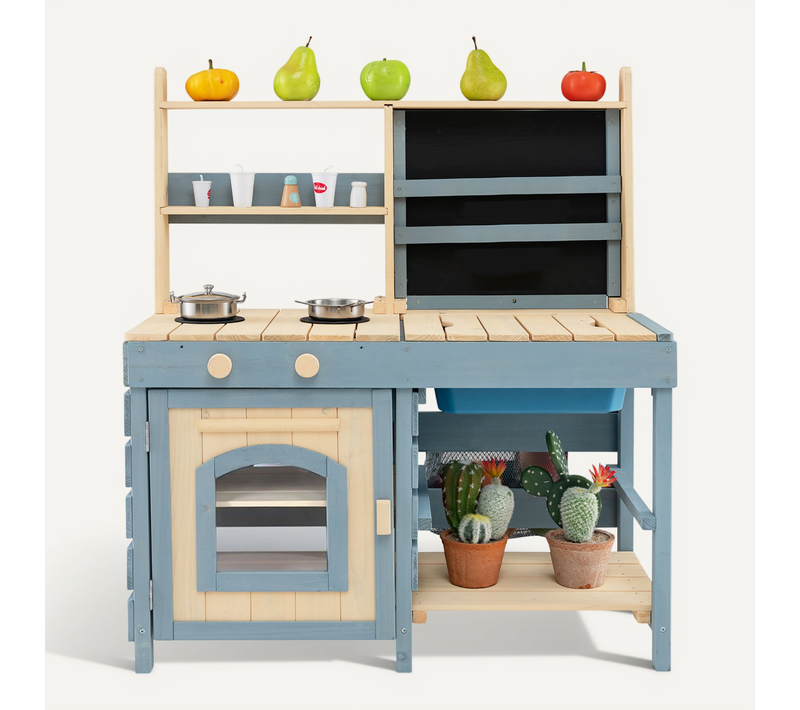Cuisine Extérieure Enfant Double Face Avec Évier Et Tableau Noir, Cuisine De Boue En Bois De Sapin